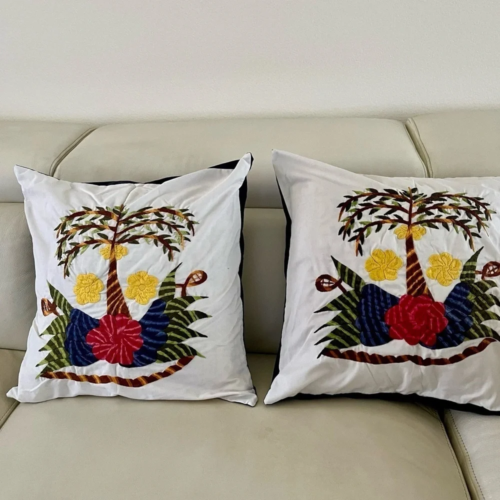 Tropical Embroidered Throw Pillow Set - White, Red, Yellow, Green